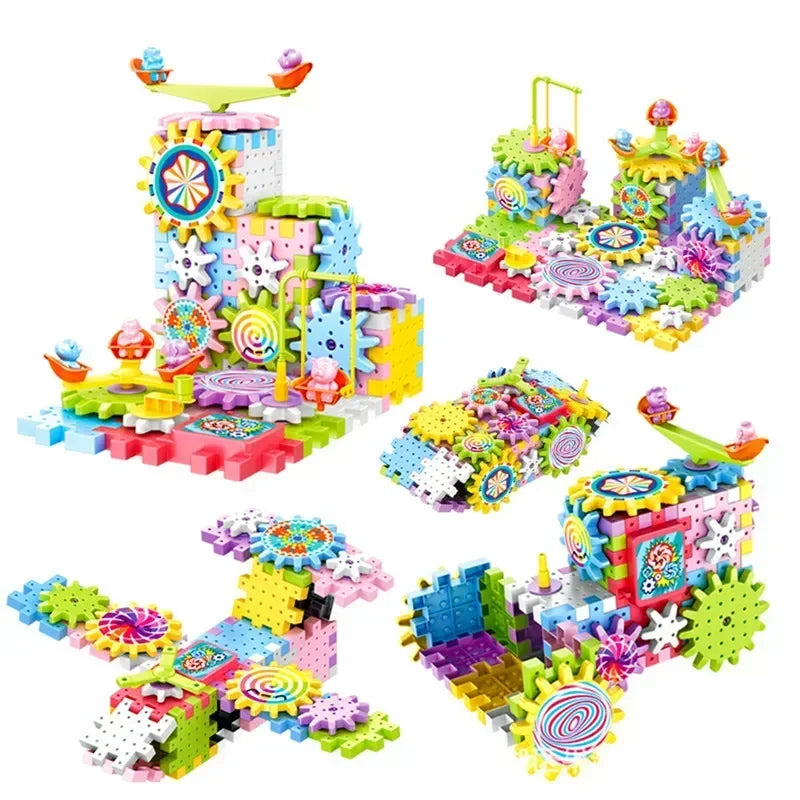 3D Electric Track Gears Model Building Blocks Plastic Kid House Blocks Bricks Educational Construction Toys for Children Gifts